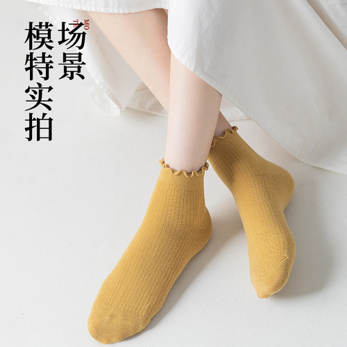 Black Moss Edge Embroidered Socks for Women, Seasonal Regular Candy Color, Daily Wear, Japanese Academy Style, Versatile Fashion, Mid-Calf Socks