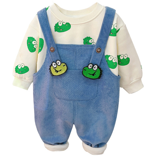 Boys' and Girls' Autumn and Winter Set  New Arrival Cute Baby Fleece Overalls Two-Piece Set for Toddlers 2457