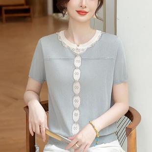 Mom's Summer Clothes Are Comfortable and Age-Reducing Short-Sleeved Knitwears for Middle-Aged and Elderly People in Spring and Summer. Western-Style Color-Blocking Round-Neck T-Shirts