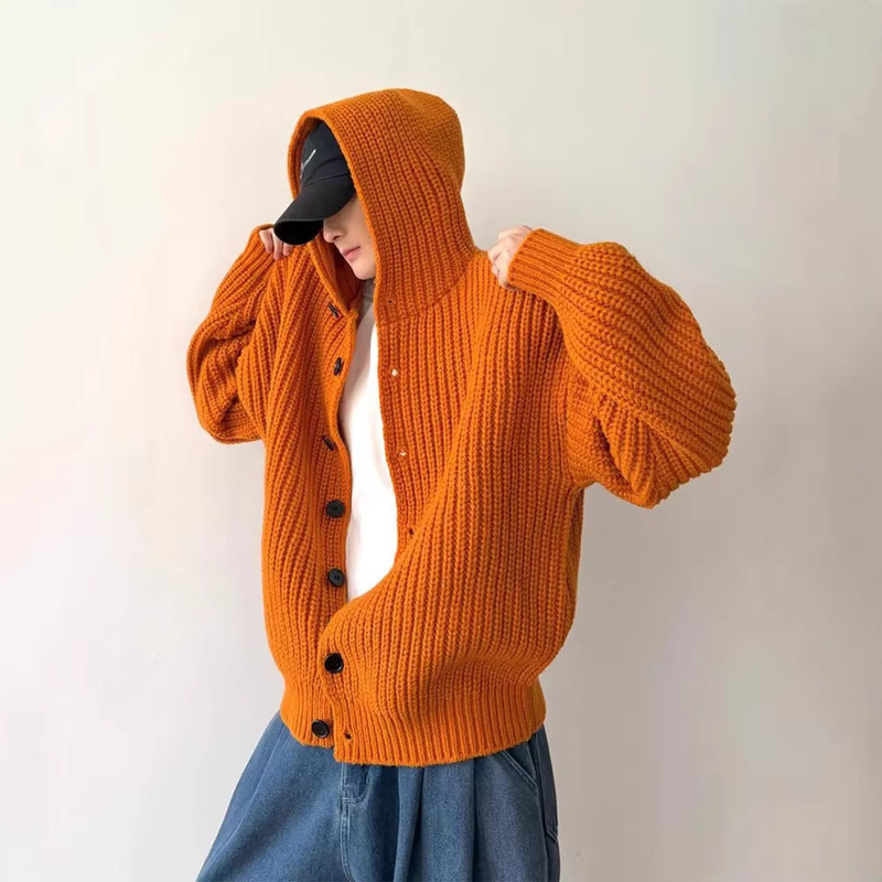 Heavyweight Orange Sweater Jacket for Men, Autumn and Winter Lazy Style Hooded Knitwear, High-End American-Style Chunky Knit Cardigan