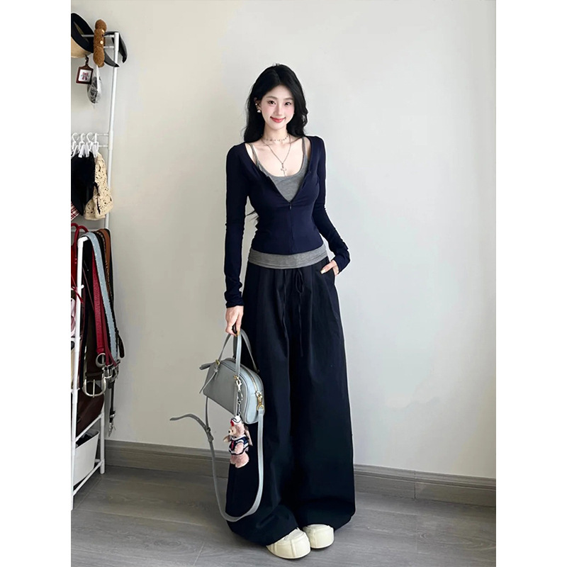 Moses纯欲甜辣妹设计感吊带假两件打底衫秋装收腰显瘦长袖T恤上衣|undefined