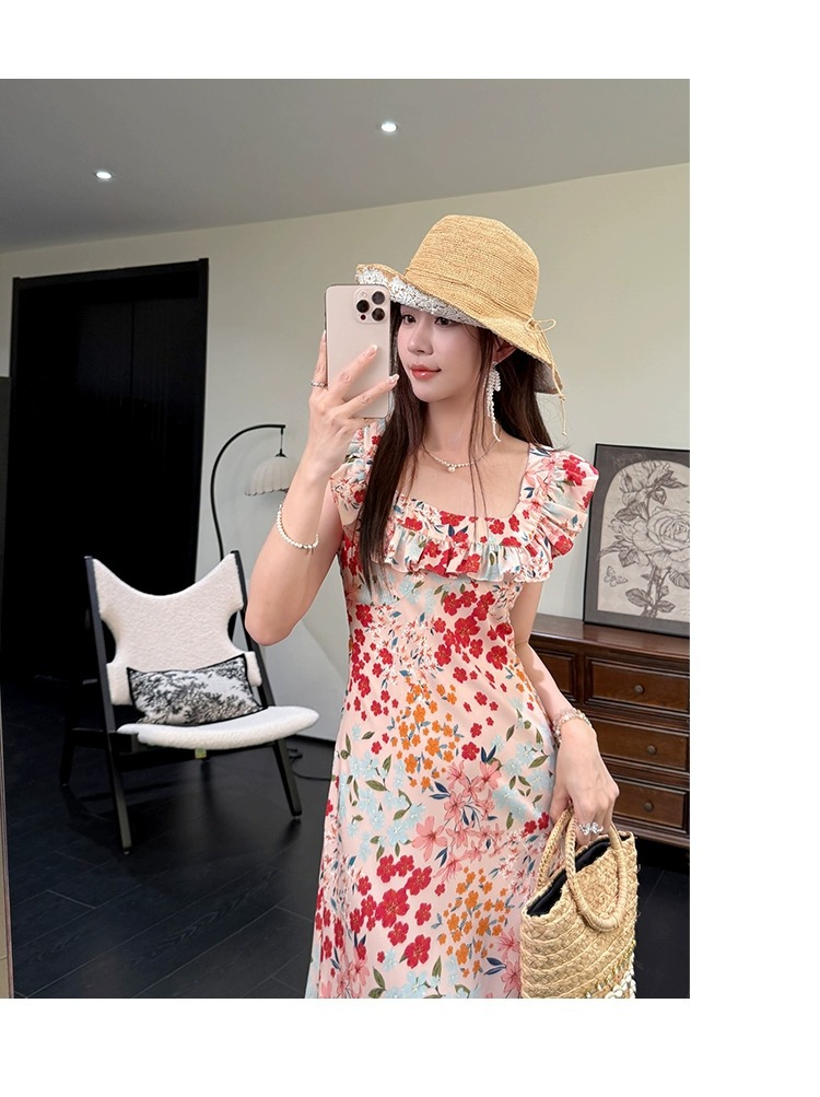 Váy liền cổ vuông bèo nhún hoa phong cách Pháp — màu sắc chi tiết 3