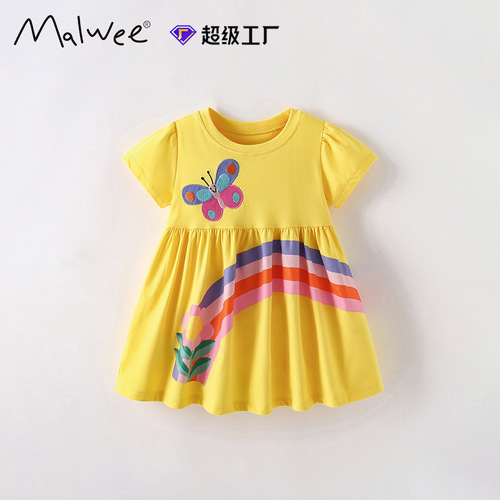 Malwee girls' dress summer fashion European and American style round neck short sleeve casual princess skirt for small and medium-sized children