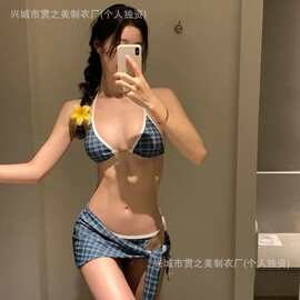 海岛度假美式复古辣妹格纹比基尼显瘦聚拢性感温泉游泳衣女ins风