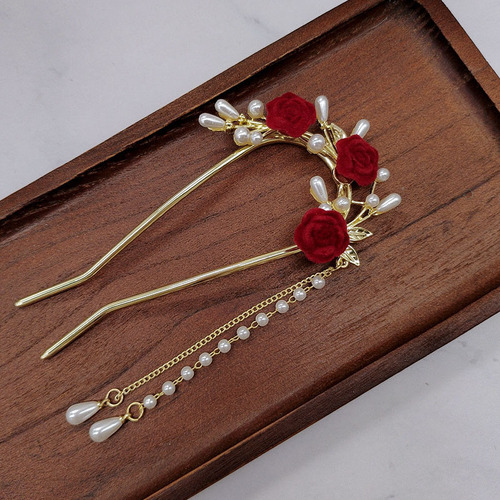 Antique rose fringe pearl side U-shaped hairpin retro bridal toast dress headdress alloy hairpin hairpin