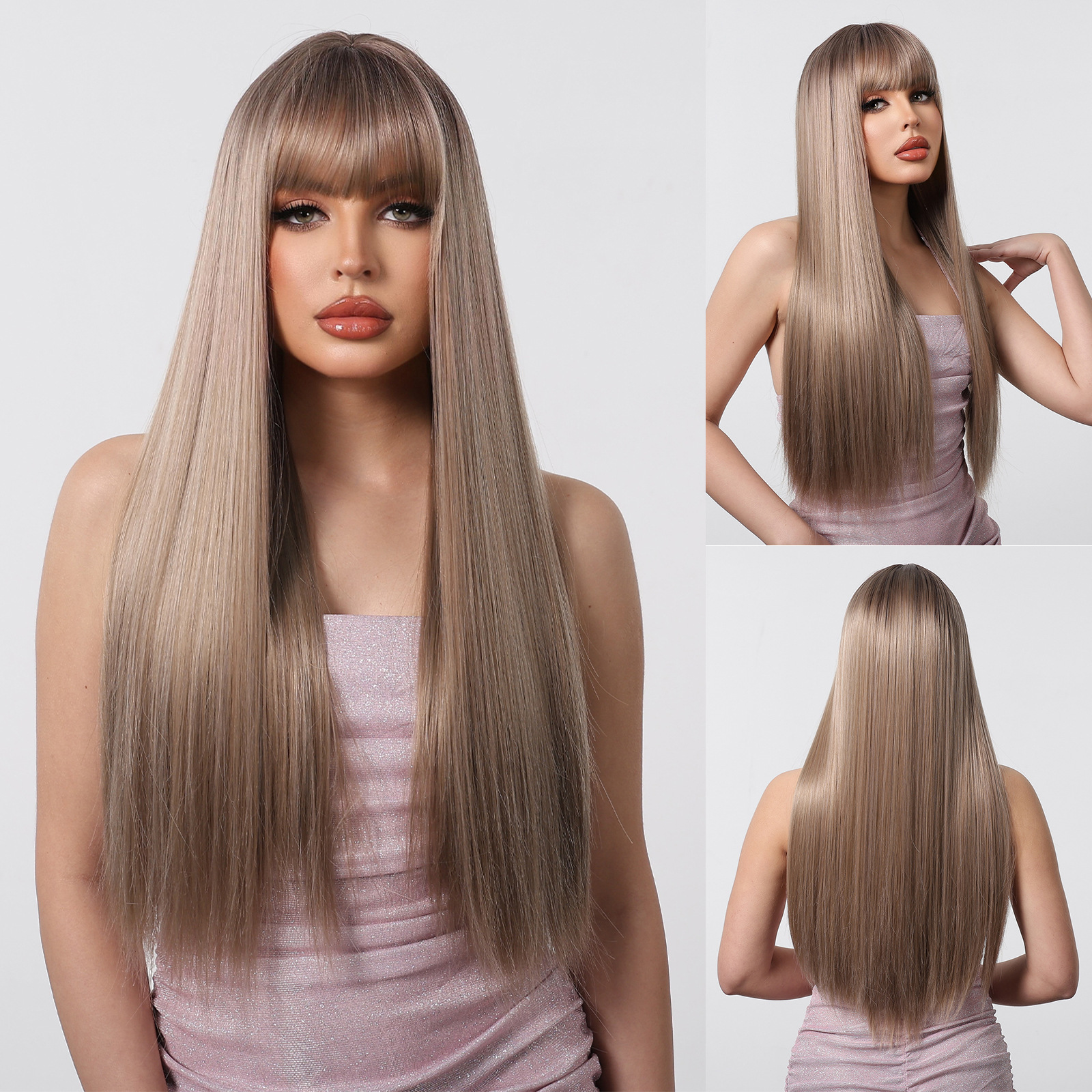 Peluca de las mujeres natural largo pelo recto completo superior mullido Internet celebridad gradiente plata cubierta de la cabeza completa nueva cubierta de pelo largo artificial