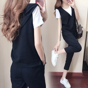 Fat sister three-piece suit plus size women's 200kg fat short sleeve jacket vest cropped pants