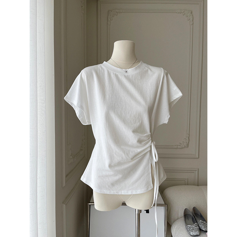 Pure Cotton White Loose and Versatile Casual Short-Sleeved T-Shirt for Women in Summer with Unique Design and Drawstring Pleated Round Neck Top