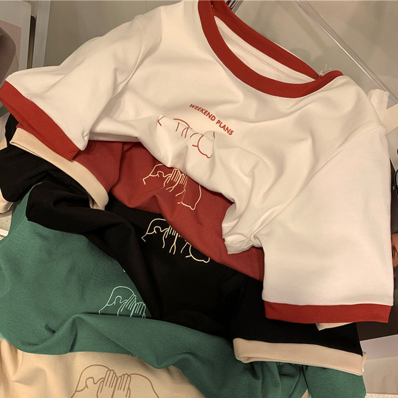 女装跨境插色短袖T恤女夏季宽松打底衫学生休闲韩版情侣上衣批发