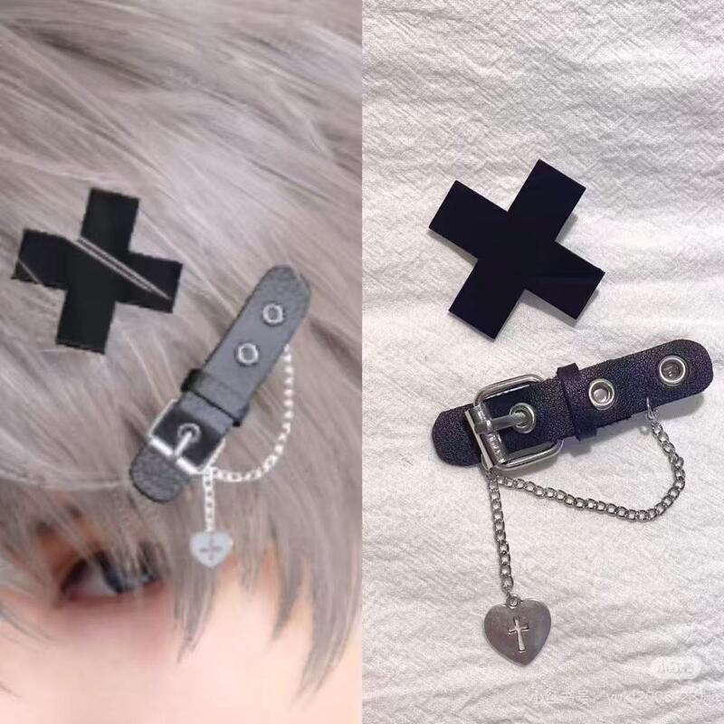 Hot Girl Design Sense Leather Rivet Cross Pendant Side Clip Women's Bangs Handmade Imitation Leather Rivet Hairpin Side Clip