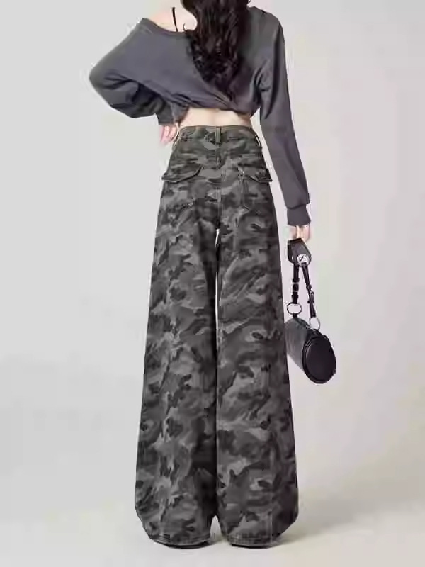アメリカンストリートハイウエストワークジーンズ女性用ファットmm大きいサイズワイドレッグレトロ迷彩ドレープ多用途ルーズパンツ|undefined