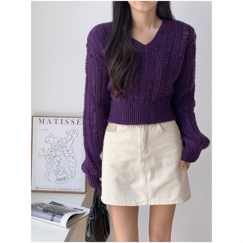 Autumn solid color knitted short fitted sweater