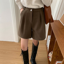 大码复古高腰毛呢休闲裤女秋冬新款宽松直筒阔腿裤西装裤短裤批发