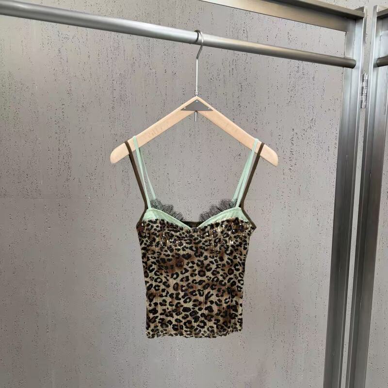 2026 Spring/Summer Cross-Border Retro Leopard Print Sequin Lace Patchwork V-Neck Fake Two-Piece Camisole Slim Fit Youthful Style