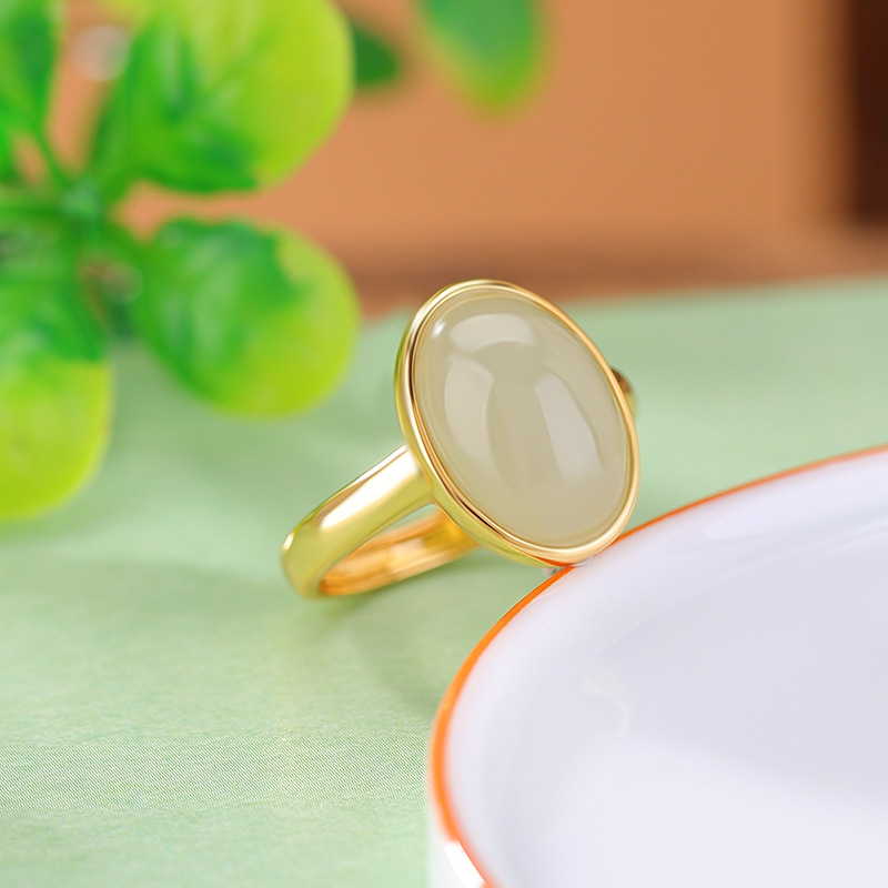 Nhẫn bạc S925 mạ vàng đính ngọc bích hình bầu dục phong cách đơn giản — Một chiếc