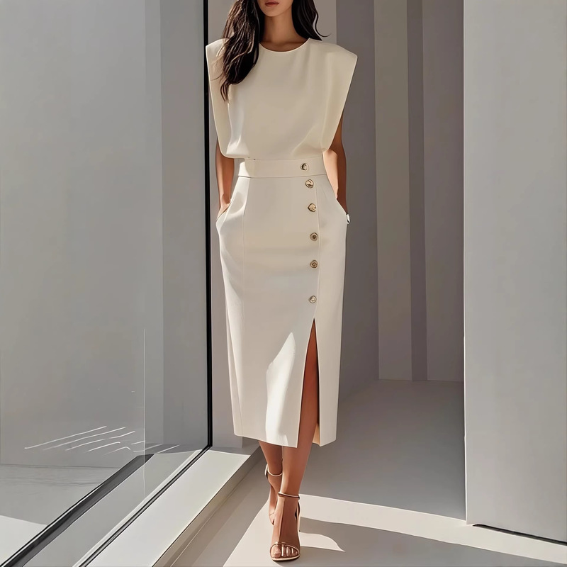 European and American Cross-Border New Fashion Round Neck Waist-Cinching Slit Dress with Metal Buttons for Summer Women European and American Cross-Border New Fashion Round Neck Waist-Cinching Slit Dress with Metal Buttons for Summer Women