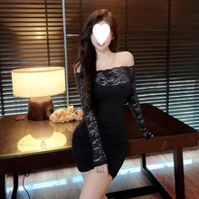 大码名媛气质红一字领新款连衣裙蕾丝纯欲长袖紧身修身微胖显瘦裙