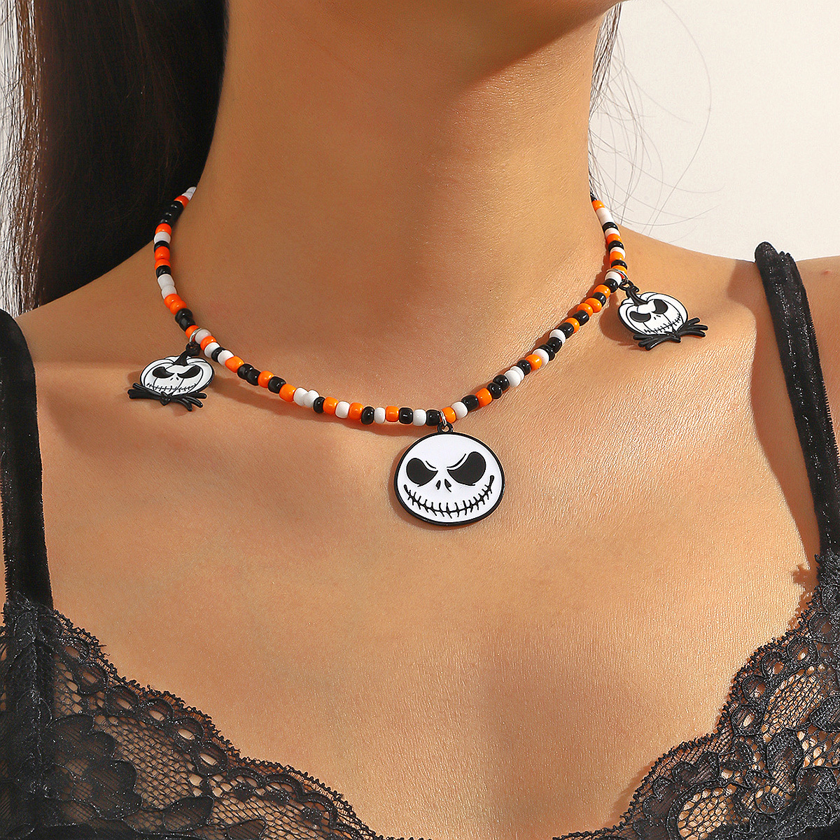 11g Weight Zinc Alloy Pendant Material Pendant Necklace Classification Seed Bead Chain Material 1 Piece Quantity Festival, Street Occasion Zinc alloy Material Halloween Festival Pumpkin, ghost, Skull Pattern Unisex Gender Hip-Hop, Streetwear Style Hip-Hop Streetwear Pumpkin Ghost Skull Zinc Alloy Beaded Necklaces Halloween Wholesale 2