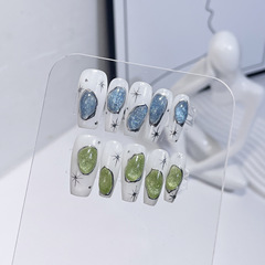 手工穿戴甲輕奢高級晶石貓眼美甲貼片爆閃撞色鴛鴦款穿戴式指甲貼