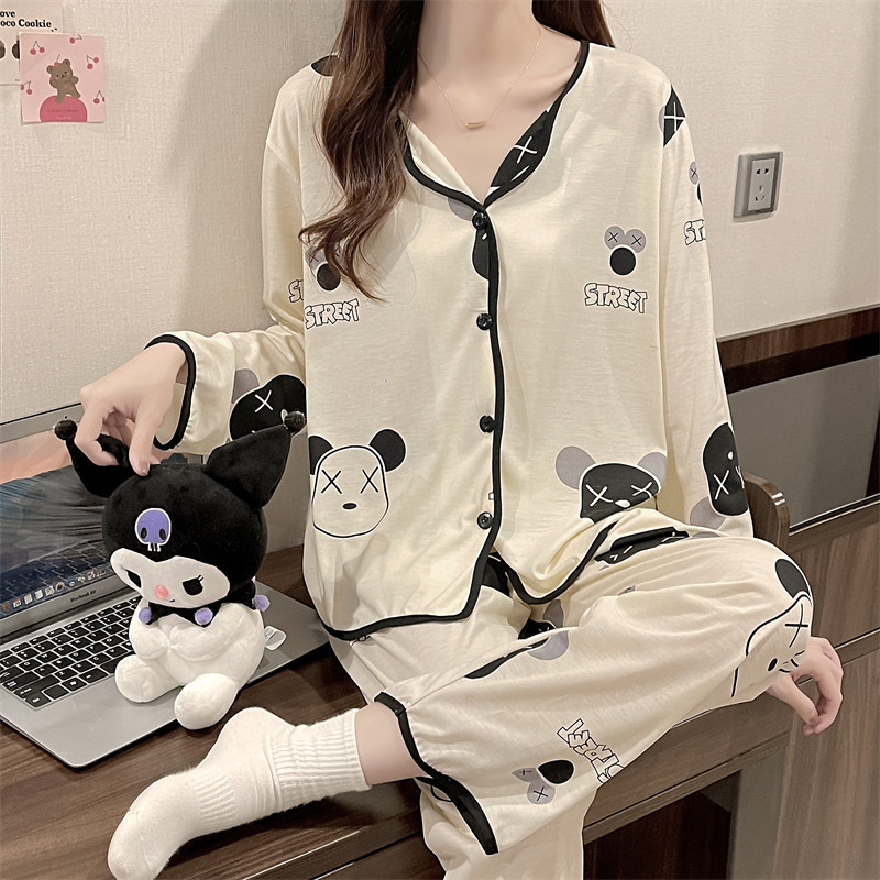 Spring and Autumn Cartoon Pajamas New Internet Hot Long Sleeve Cardigan Women's Pajamas Korean Style Cute Home Clothes Set