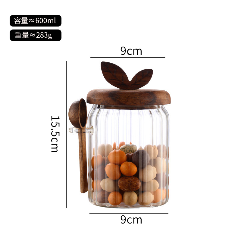 Cocina doméstica vidrio transparente sellado tanque con cuchara Acacia cubierta de madera de té tanque de almacenamiento a prueba de humedad condimento tanque de almacenamiento