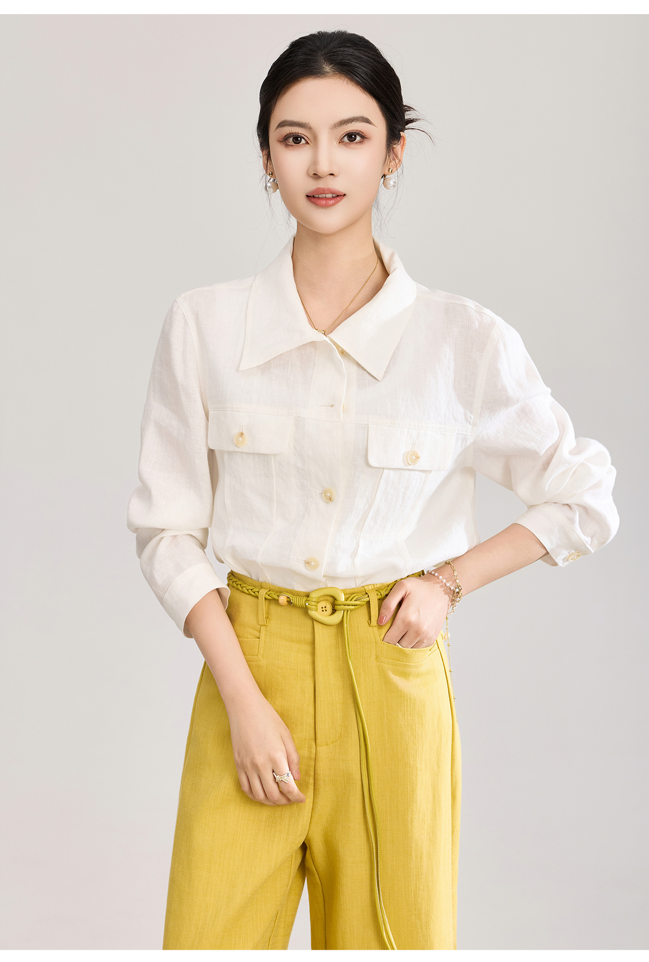 Áo sơ mi nữ linen phong cách Old Money hai túi xếp ly kiểu công nhân — màu cam chi tiết 18