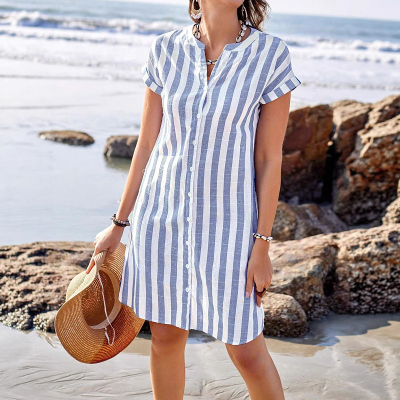 Amazon Cross-Border 2026 Summer Women's Fashion Loose Casual Stylish Striped Shirt Top