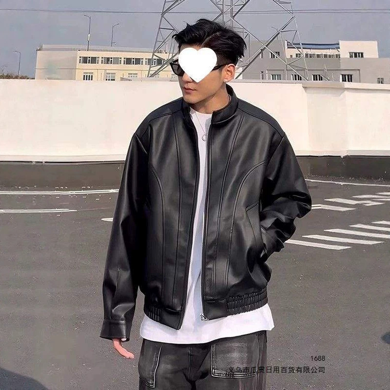 Cleanfit American-style leather jacket for men, spring and autumn, trendy brand, stylish and cool, stand-up collar, suede work jacket, black