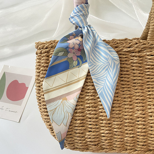 Blue tulip thin long silk scarf women's hair band braided hair ribbon binding bag bandage hair floating scarf women