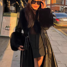 欧美2026早春新款气质显瘦大毛领中长款皮衣 系腰带外套R10-A644