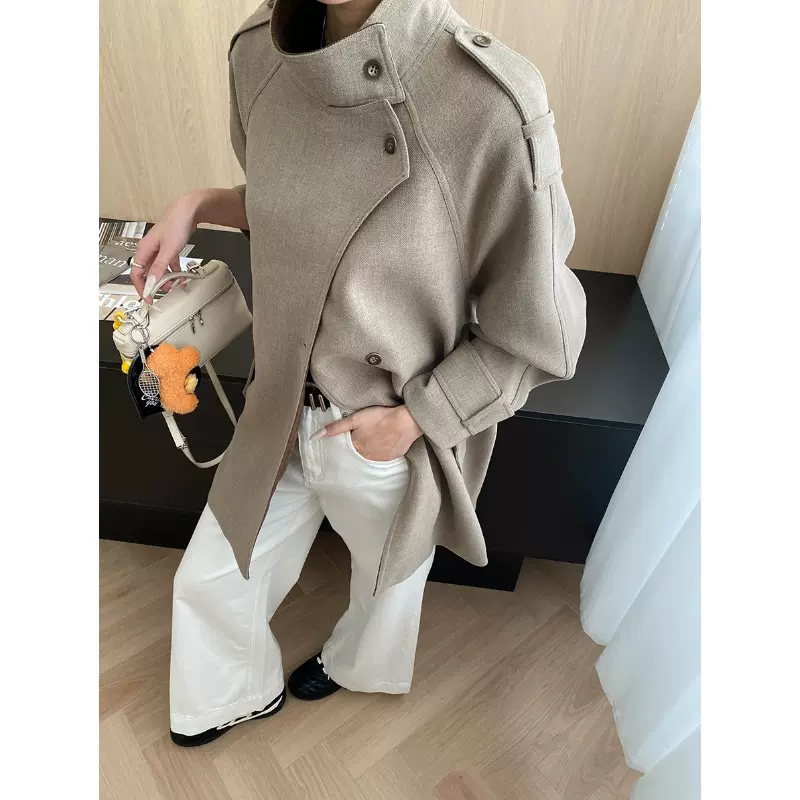 司南 老钱通勤 时髦休闲立领撞色系带显瘦宽松中长款风衣 SN8177