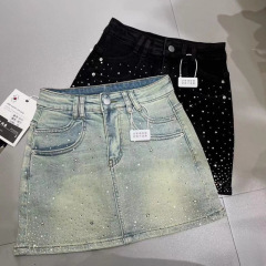 韩系高街复古重工烫钻璀璨星河设计感高腰修身显瘦牛仔半身短裙女