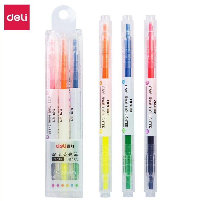 3 Price Deli S736 Double-Headed Two-Colorful Highlighter Colorful Marker Pen Colorfuling Pen Key Marker Pen