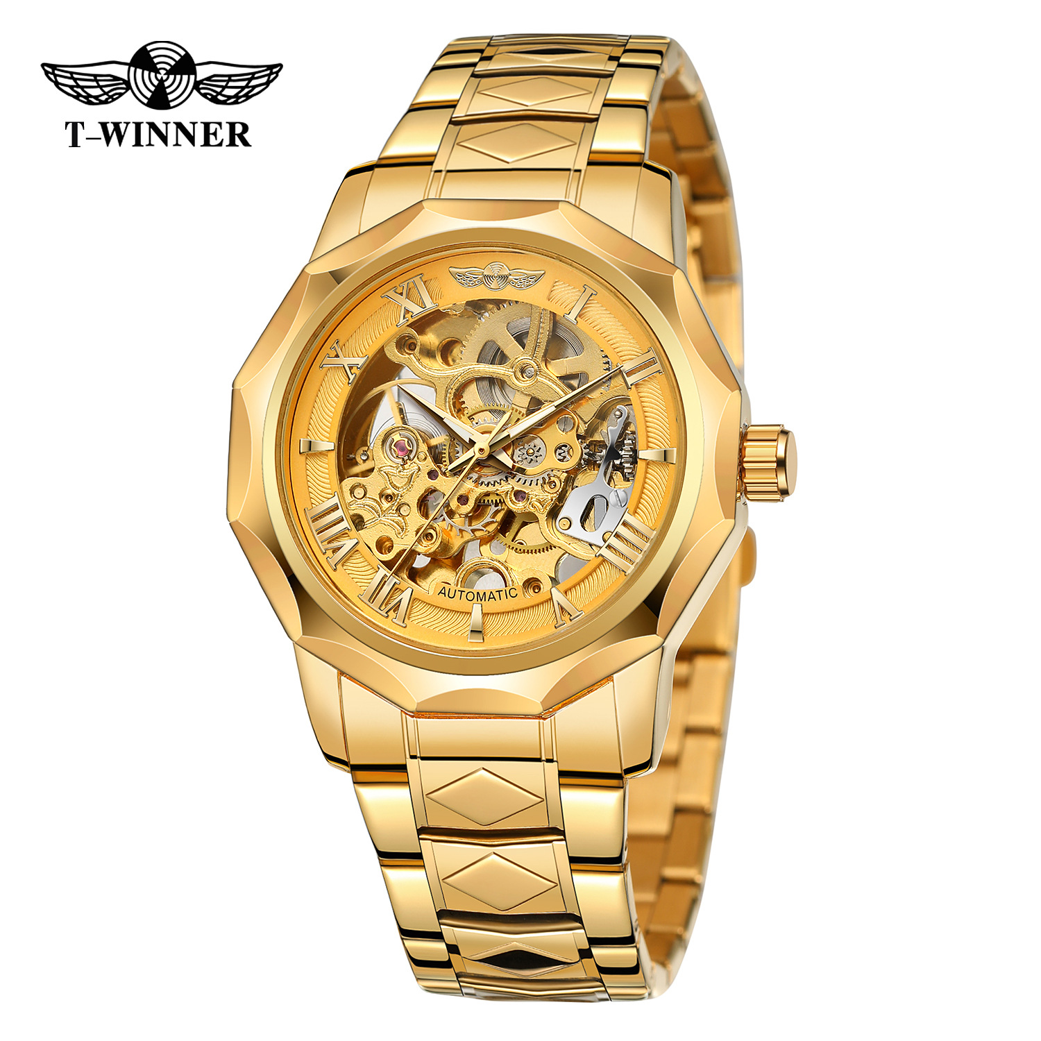 Nuevo ganador de polígono europeo y americano reloj mecánico de los hombres moda casual hueco de fondo transparente reloj automático