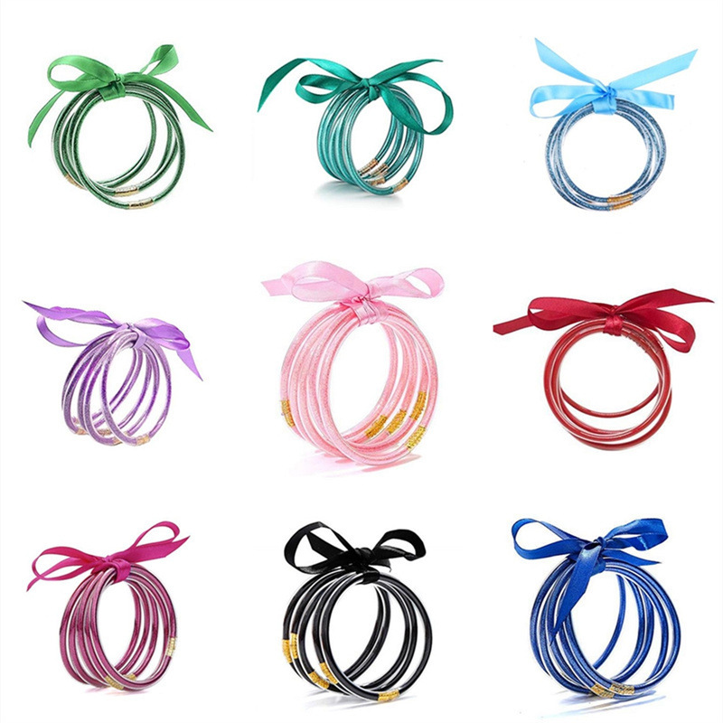 Amazon Hot Selling Multi-Layer Silicone Rainbow Gold Powder Bracelet Ribbon Set Women's Bow Gold Powder Bracelet