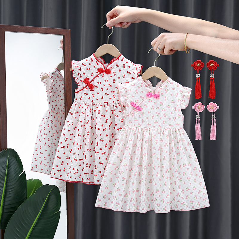 Girls Summer Clothes 2025 New Style Dresses Kidsren's Baby Han Dynasty Internet Celebrity Cheongsam Summer Cherry Skirt Summer