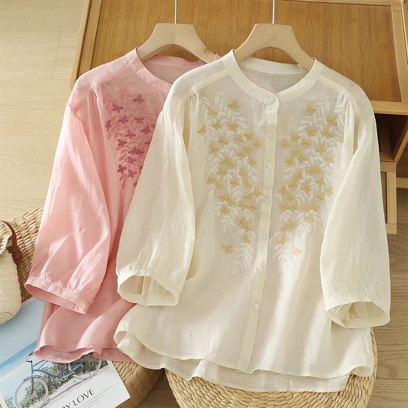 2025 Summer New Retro Ethnic Style Cotton and Linen Artistic Embroidery Loose Half-Sleeved Age-Reducing Shirt Stand Collar Loose Women 2025 Summer New Retro Ethnic Style Cotton and Linen Artistic Embroidery Loose Half-Sleeved Age-Reducing Shirt Stand Collar Loose Women