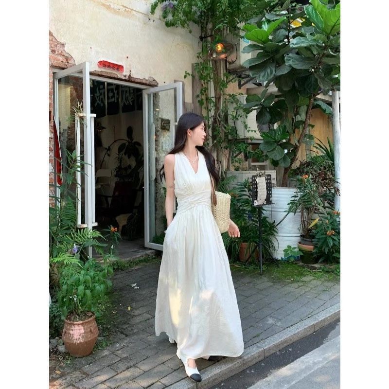 法式夏季气质杏色字裙绝美裙子大摆裙长裙交叉收腰挂脖V领连衣裙|undefined