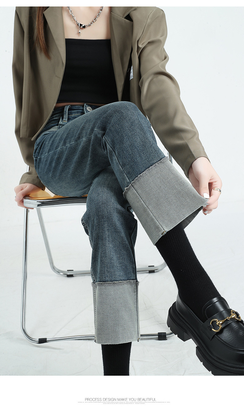 Rolled-up high-waisted straight-leg jeans for women in spring, Korean style, elastic and slimming, making you look petite. Trendy cigarette tube pants pic 13