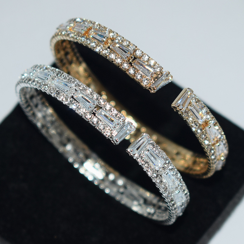 European and American Cross-Border New Luxury Exquisite Rhinestone T-Shaped Zircon Open Bracelet Female Bride Wedding Accessories Hand Jewelry
