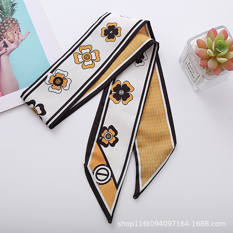 Cinta de primavera impresión larga estrecha ángulo pequeña bufanda de seda elegante estilo coreano banda de pelo bolsa de accesorios para el cabello entrega de una sola pieza