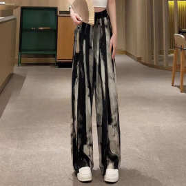 冰丝夏季凉凉裤扎染宽松女复古花纹飘带阔腿裤高腰休闲长裤显腿长