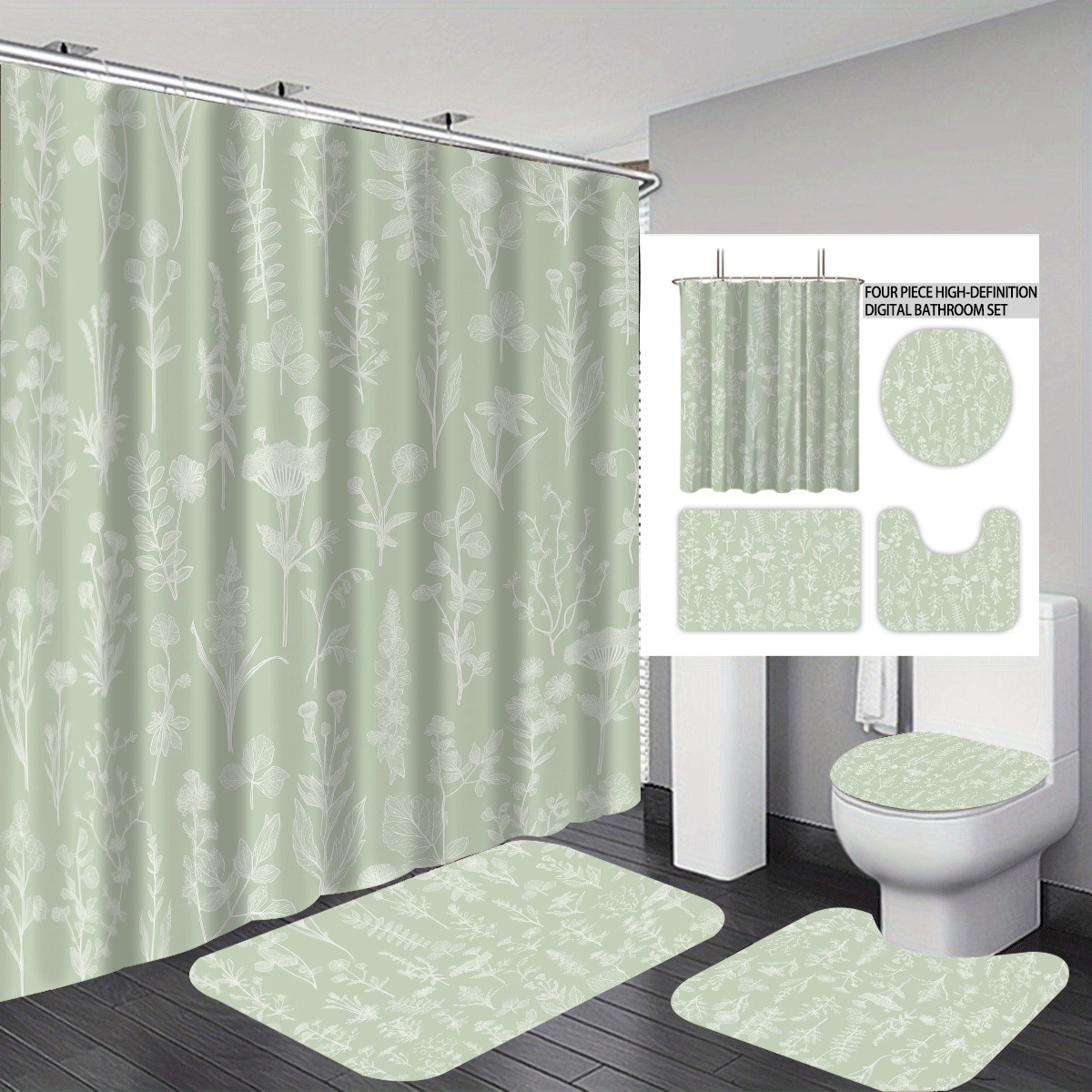 Agente de poliéster Mei Ke más cortina de baño impermeable serie de agua floral 3D impresión digital cortina de baño cuatro piezas alfombra absorbente