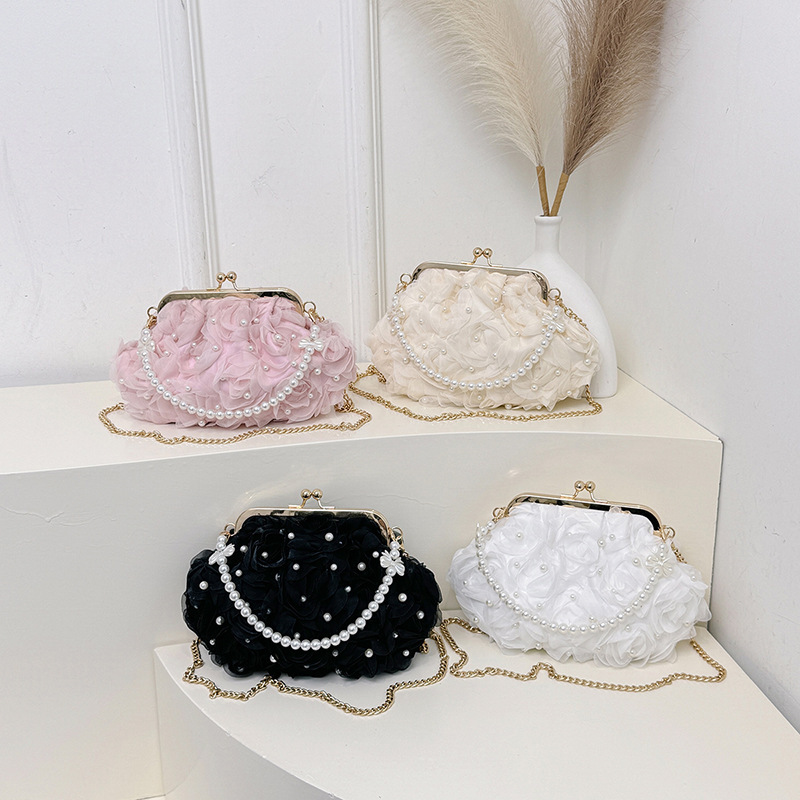 2026 New Style Mesh Lace Pleated Clutch Evening Handbag Korean Sweet Style Pearl Chain Crossbody Bag