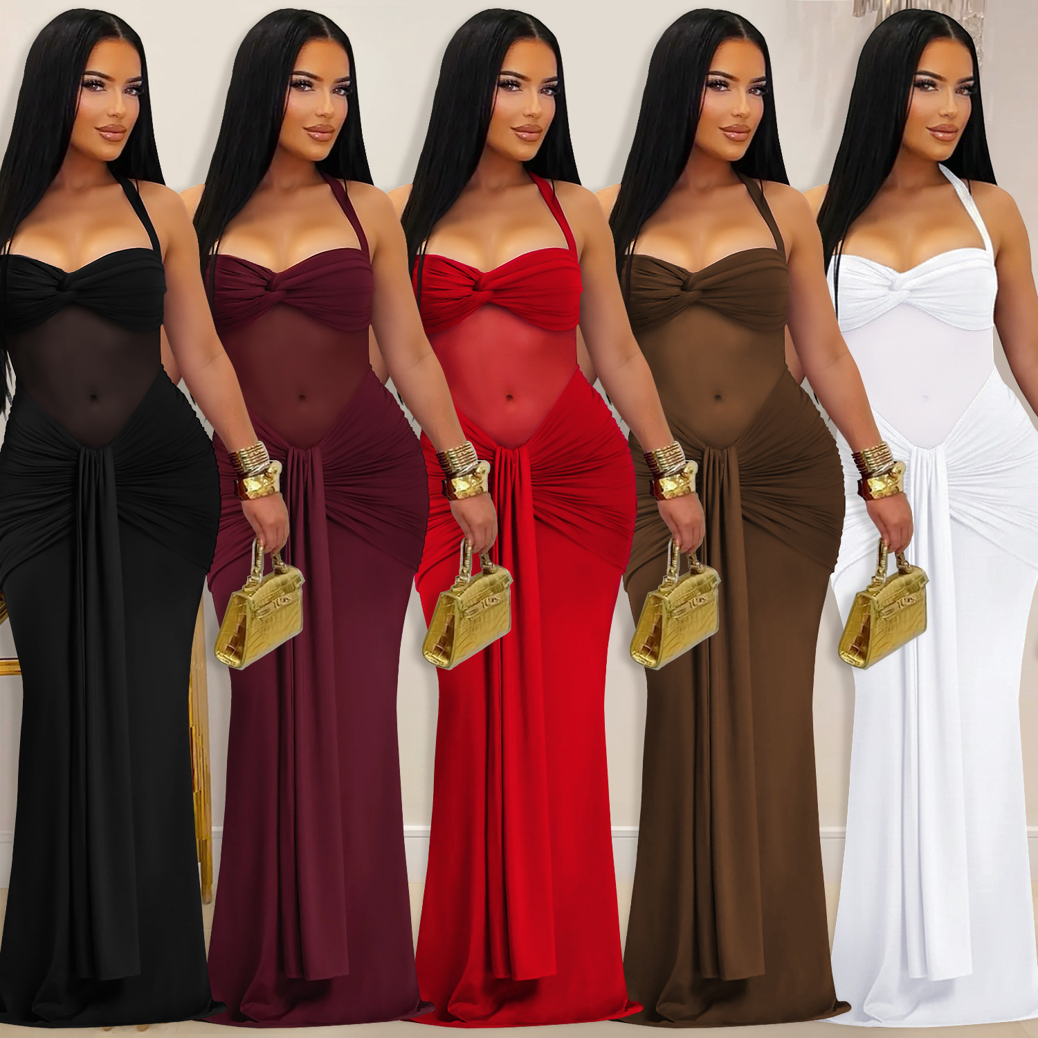 C7608 cross-border AliExpress Amazon Europa y América moda de mujer perspectiva sexy malla colgante correa de cuello vestido image 1