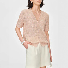 港米服饰/亚麻棉麻女装V领短袖针织夏季镂空亮片小开衫上衣女