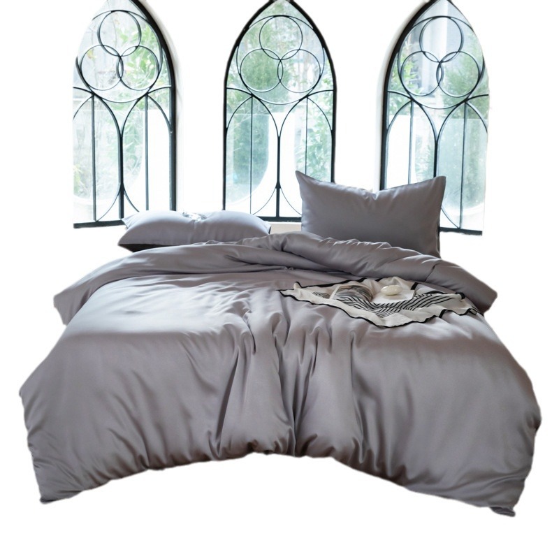 Summer Ice Silk Duvet Cover Set Simple Solid Colour Bedding_voghion.com