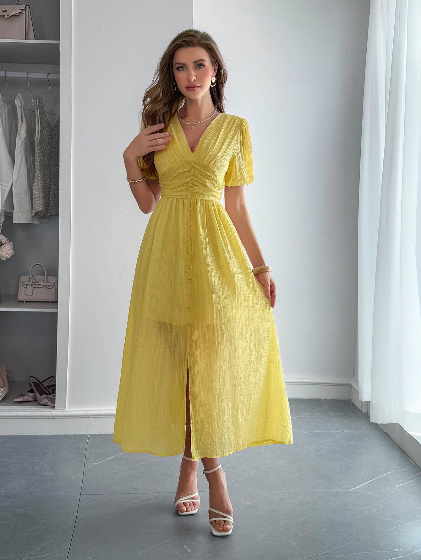 327g Weight Midi Dress Dress Length Type Short Sleeve Sleeve Length Sheath Dress Dresses Type Polyester Fabric Type Mid Waist Waist Line Casual, Daily Occasion V Neck Neckline Slim Fit Type Solid Color Pattern Summer Season Women's Gender Vacation Style Wholesale Women's Vacation Solid Color Casual Daily V Neck Short Sleeve Sheath Dress 6