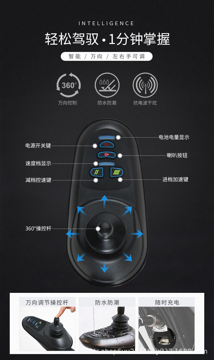 Electric Wheelchair, Foldableable, Hand-Operated, Fully Intelligent Large Wheel with Hand Push Ring, Four-Wheel Scooter for the Elderly and Disabled