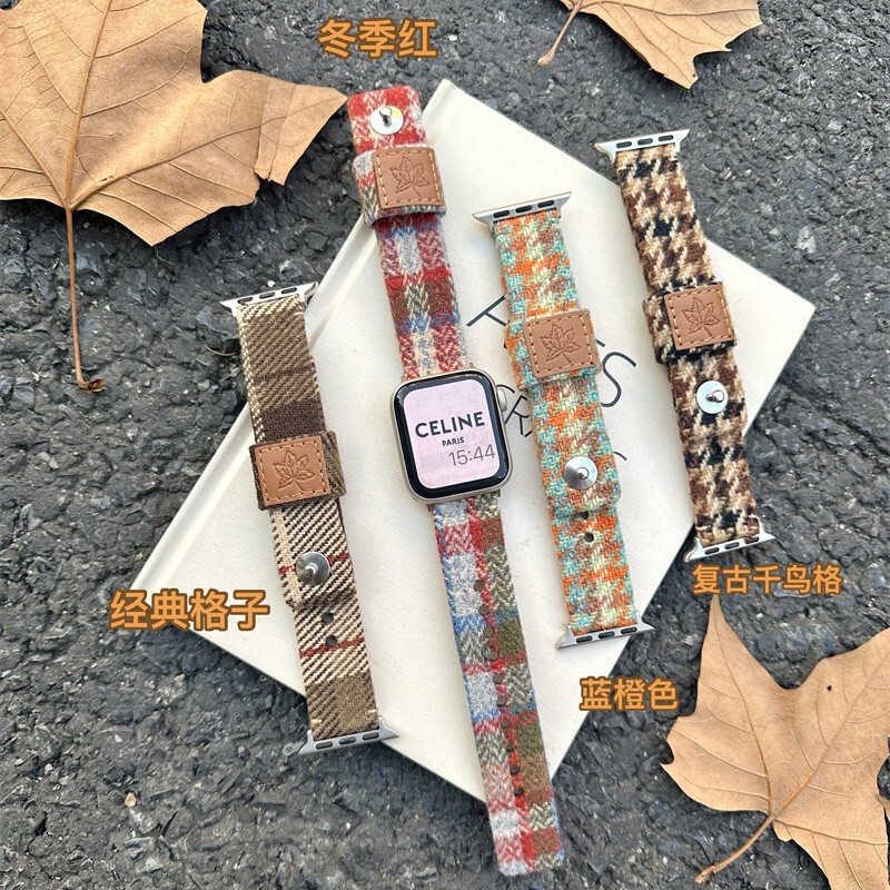 Autumn and Winter Vintage Maple Leaf Houndstooth Wool Leather Strap for Apple Watch iwatch10 Generation 987se654